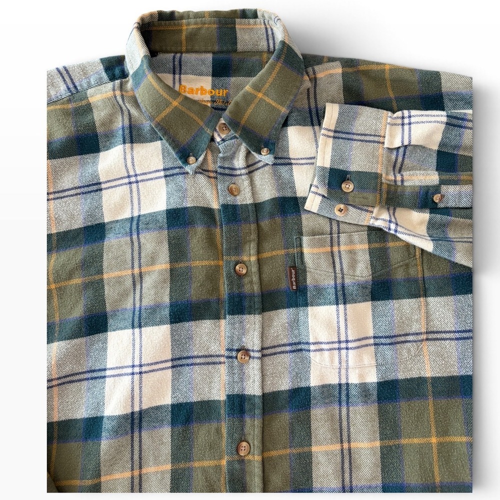 Barbour Mens XXL Green Plaid Flannel Button Down Shirt 100% Cotton Long Sleeve